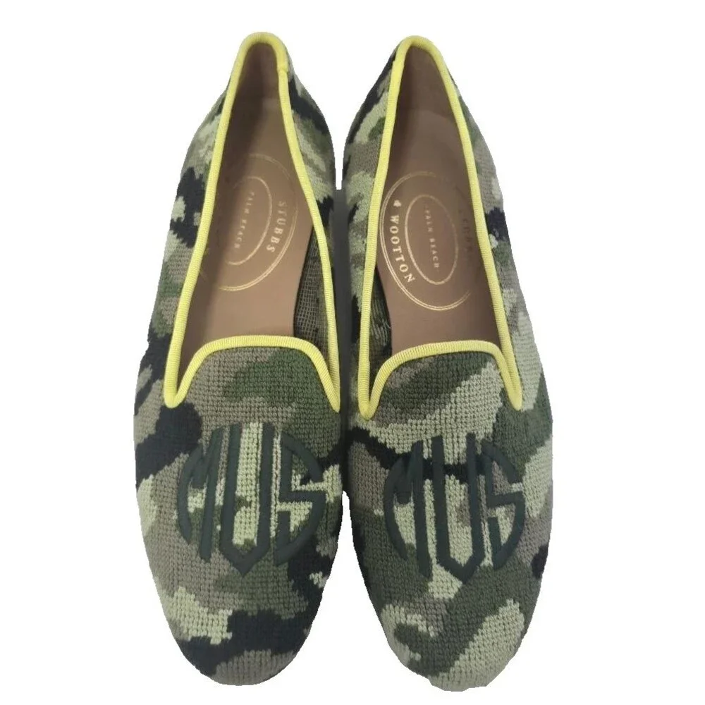 Stubbs & Wootton Needlepoint Camo Green Women's Loafers Shoe 9 AA NEW!  $625